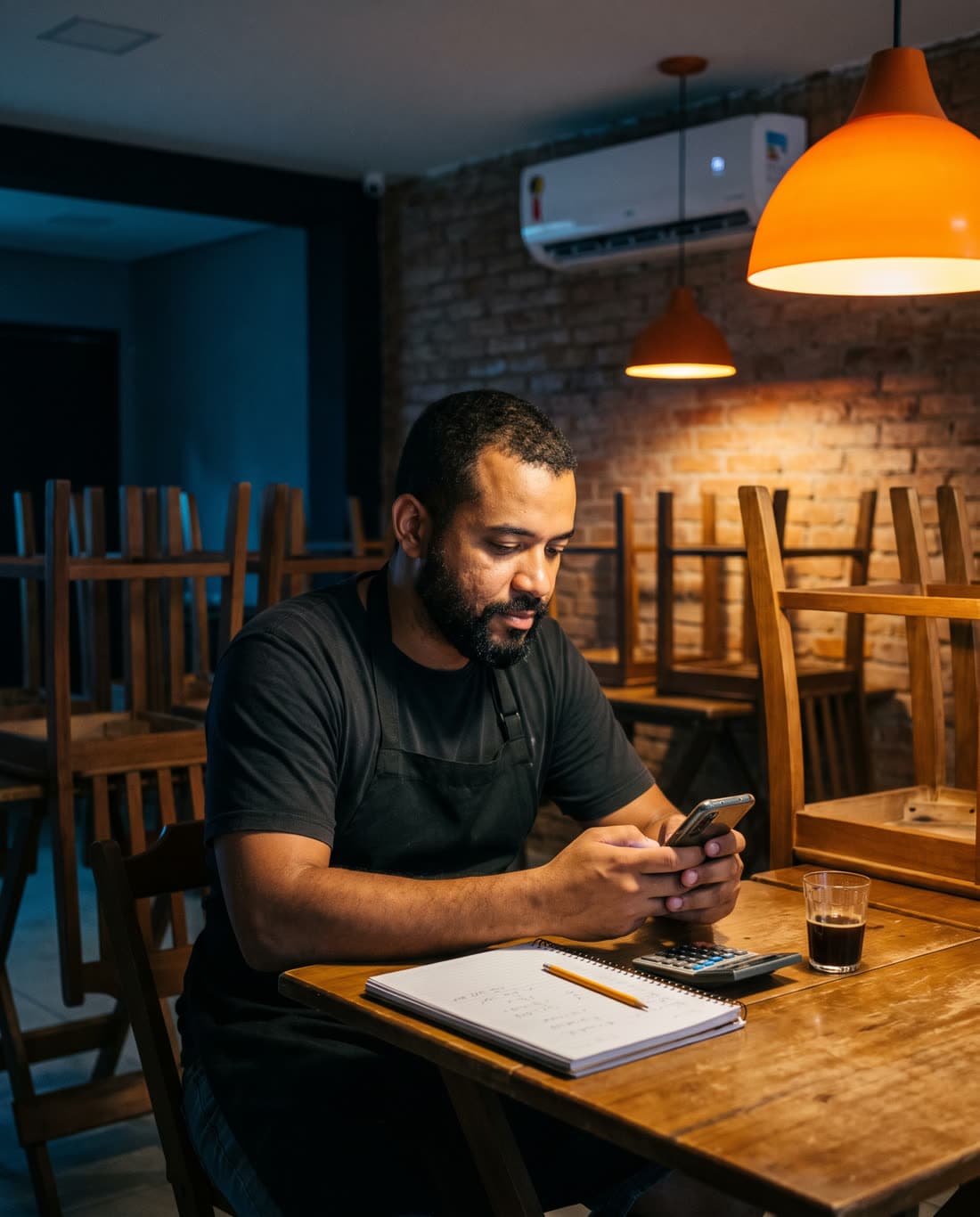 Dono de restaurante conferindo o celular sozinho no salão fechado, com caderno e calculadora na mesa